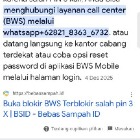 Cara buka blokir BWS mobile salah pin 3 kali 